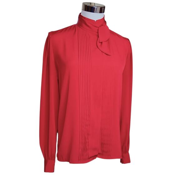 VINTAGE High Neck‎ Blouse Top 6 Pin Tucks Tie Red Dressy Career Office Holiday - Picture 8 of 9
